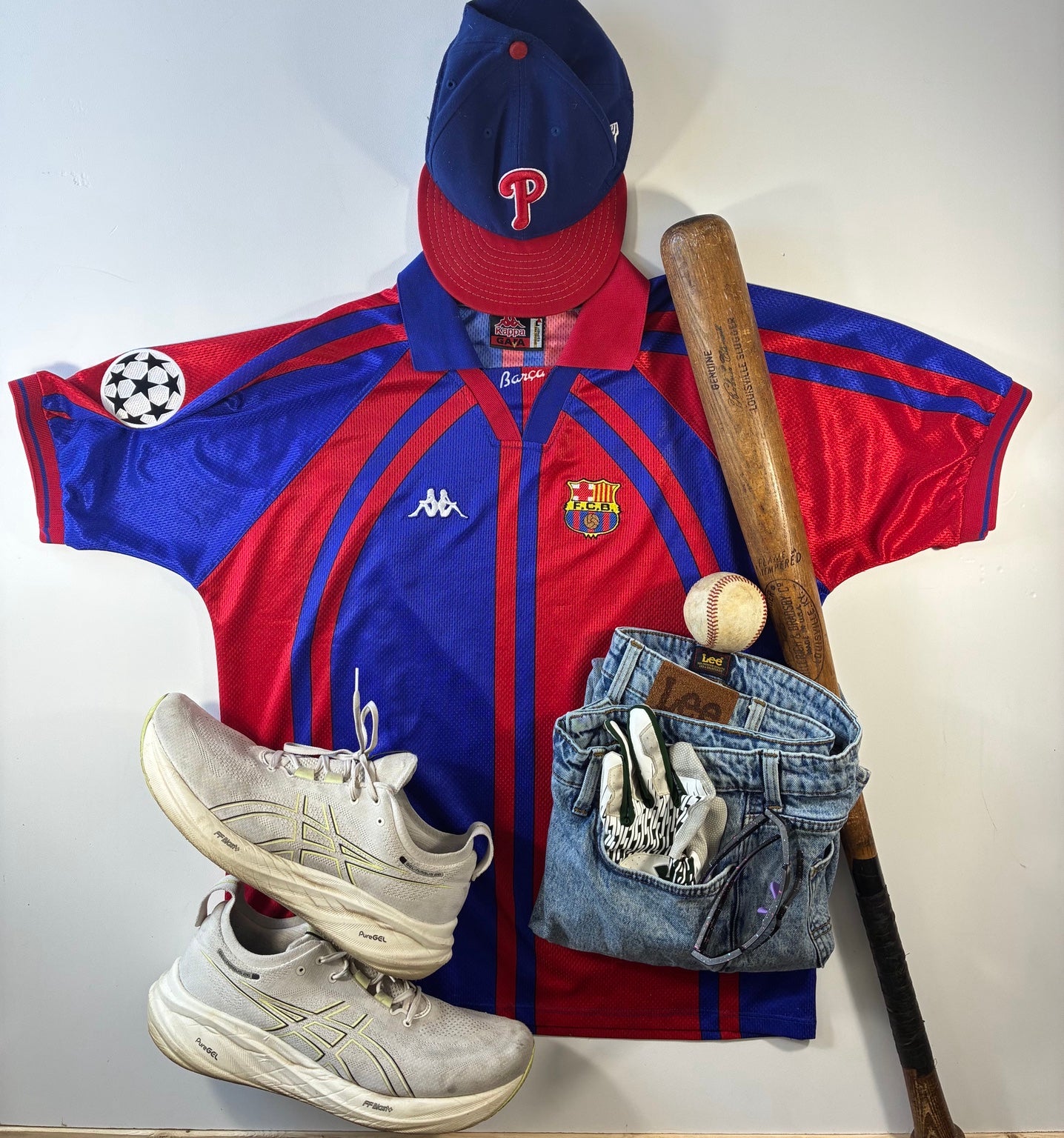 1997/98 FC Barcelona Kappa home shirt styled flat lay with baseball accessories