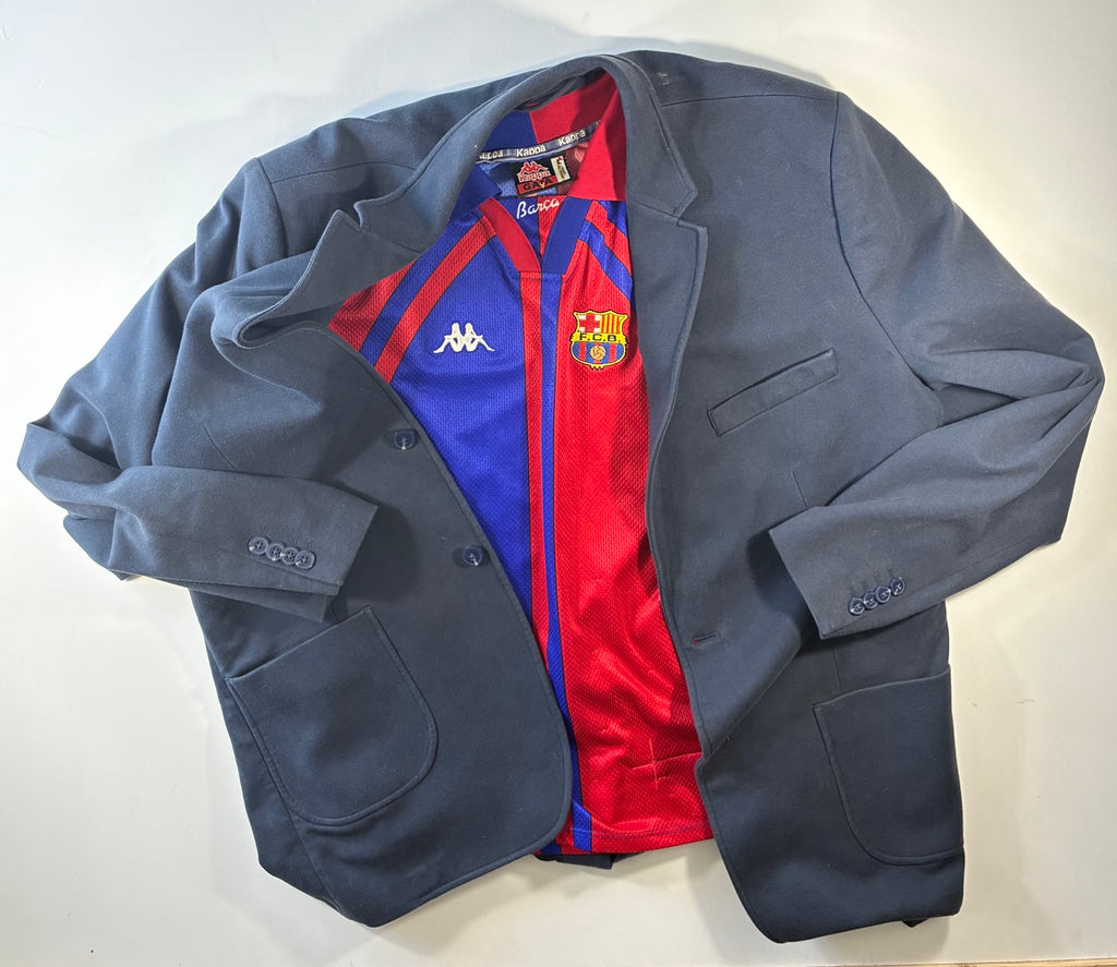 1997/98 FC Barcelona Kappa home shirt styled with navy blazer