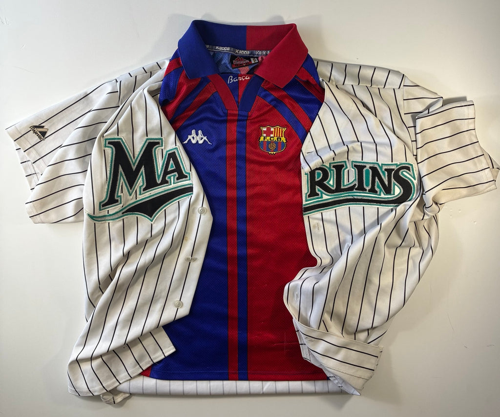 1997/98 FC Barcelona Kappa home shirt styled with vintage baseball jersey